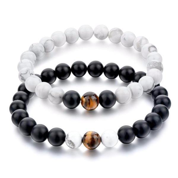 Tiger Eye Black Matte Agate and White Howlite Distance Bracelets [Set