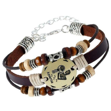 Bracelets Three-Layered Ethnic Brown Leather Zodiac Bracelet [12 Variants]