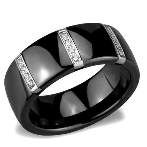 Rings Black Ceramic Stainless Steel Triple Crystal Ring