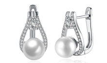 Load image into Gallery viewer, Earrings 14K White Gold Plating White Sapphire Pav&#39;e Freshwater Pearl Pear Cut
