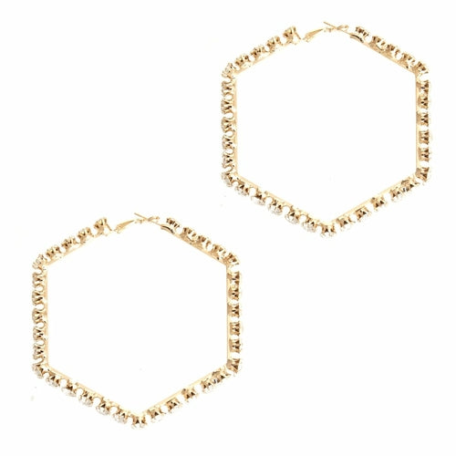 Earrings Gold Rhinestone Hexagon Hoops