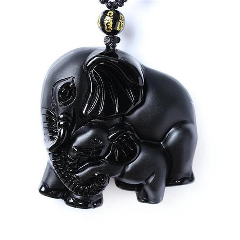 Necklaces Natural Black Obsidian Carved Elephant Pendant Necklace