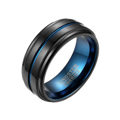 Rings Blue & Black Tungsten Carbide Grooved Ring