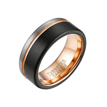 Load image into Gallery viewer, Rings Rose Gold Tungsten Carbide Band with Black and Silver Detail
