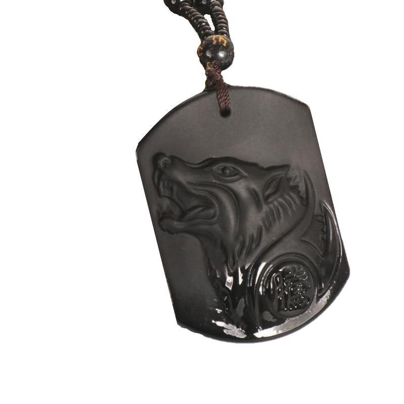 Necklaces Natural Black Obsidian Carved Wolf Head Pendant Necklace