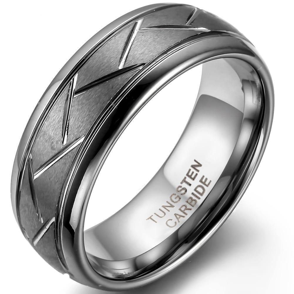 Rings 8MM Men's Grey Brushed Finish Grooved Tungsten Carbide Ring